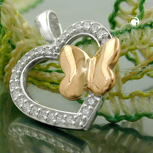 Pendant 15x17mm heart/butterfly bicolor silver 925