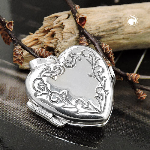 Pendant 22x20x6mm medallion heart with ornament shiny blackened silver 925