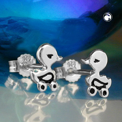 Stud earring 8x7mm children's earring toy duck partially black lacquered silver 925