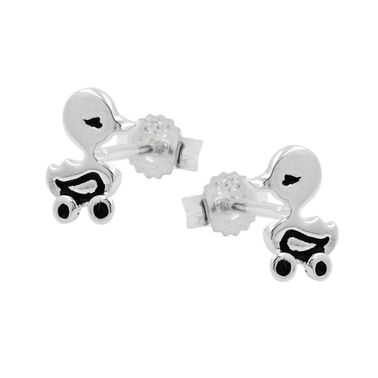 Stud earring 8x7mm children's earring toy duck partially black lacquered silver 925