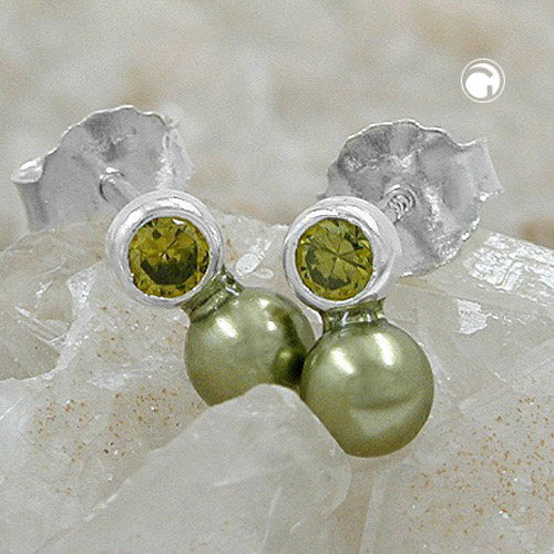Stud earrings 7x4mm zirconia peridot-colored imitation pearl olive green 925