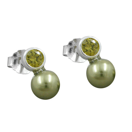 Stud earrings 7x4mm zirconia peridot-colored imitation pearl olive green 925