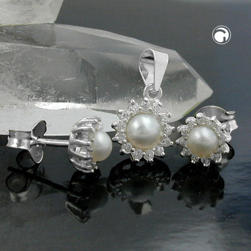 Set with 7mm plug and 9mm pendant pearl with zirconias shiny silver 925