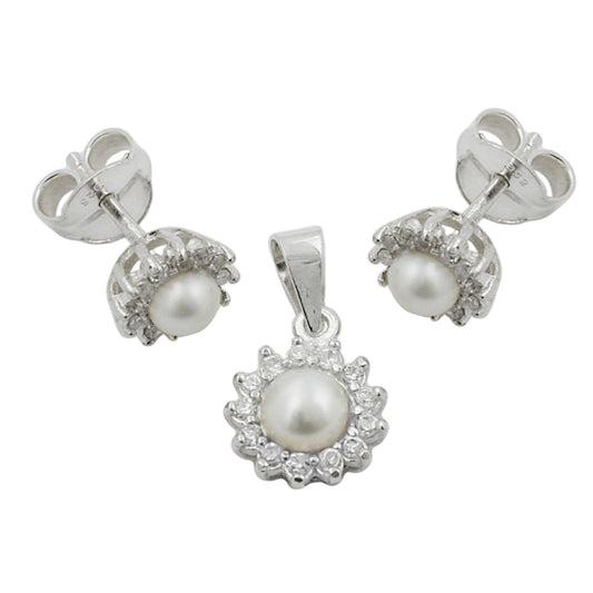 Set with 7mm plug and 9mm pendant pearl with zirconias shiny silver 925