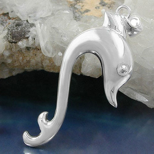 Pendant 40x17mm large dolphin shiny silver 925