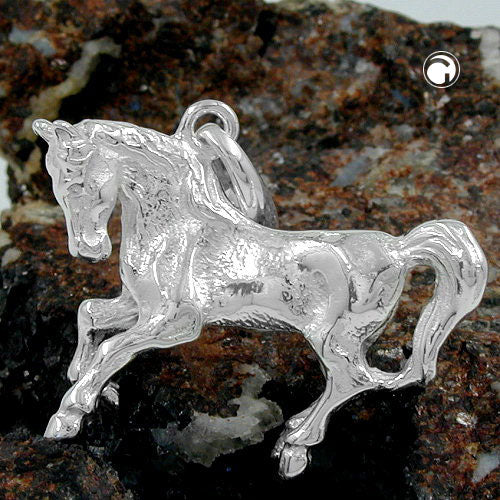 Pendant 32x25mm large horse solid formed shiny silver 925
