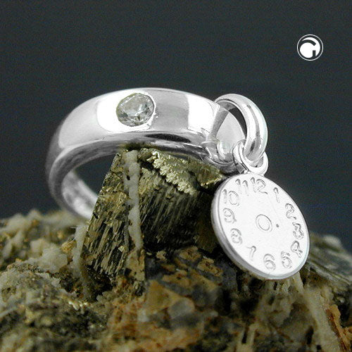Pendant 12x3mm baptism ring with white zirconia and birth clock silver 925