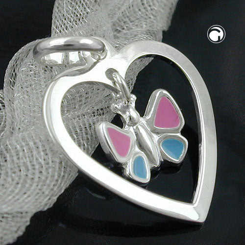 Pendant 17x15mm heart with butterfly colored lacquered silver 925