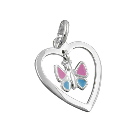 Pendant 17x15mm heart with butterfly colored lacquered silver 925