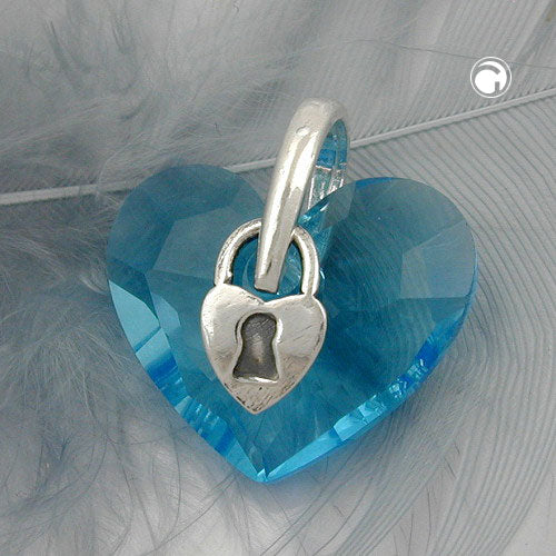 Pendant 15x18mm heart made of glass with lock turquoise colored silver 925