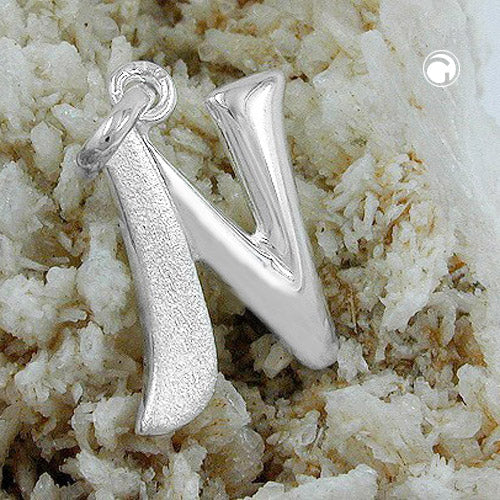 Pendant 15x12mm letter N partially matte shiny silver 925