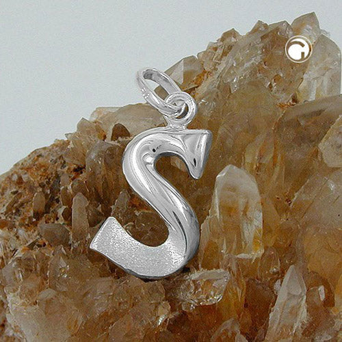 Pendant 15x9mm letter S partially matte shiny silver 925