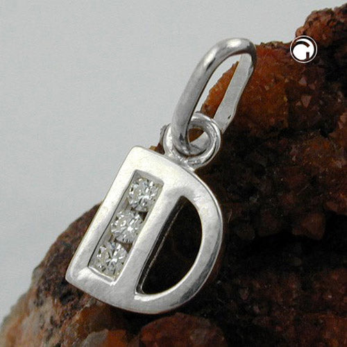 Pendant 8x7mm letter D shiny with zirconias silver 925