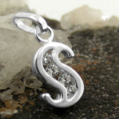 Pendant 8x6mm letter S shiny with zirconias silver 925