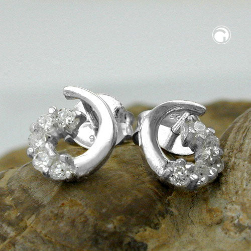 Stud earrings 8x7mm bow spiral with zirconias shiny silver 925