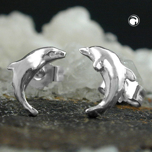 Stud earring 10mm jumping dolphin shiny silver 925