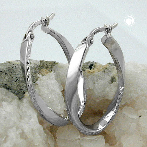 Hoop 26x22mm oval wire hoop with clip closure rhodium-plated diamond-coated silver 925