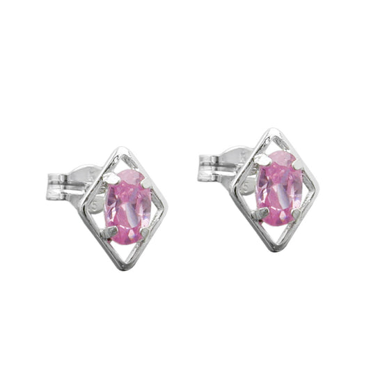 Stud earrings 8x6mm rhombus with zirconia pink silver 925