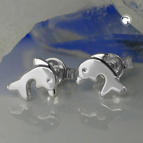 Stud earring 8x7mm dolphin shiny rhodium-plated silver 925