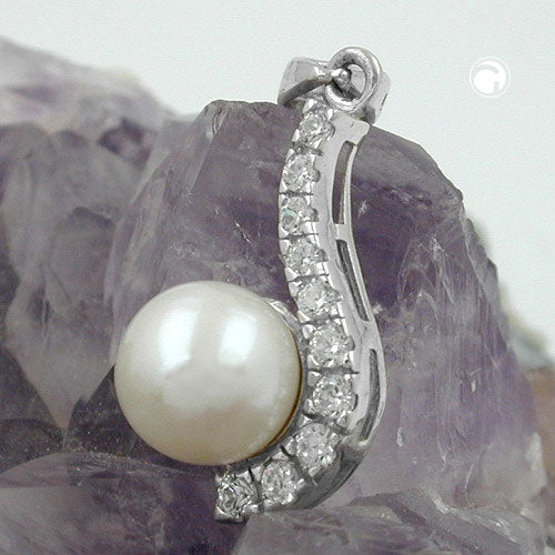 Pendant 20x9mm cultured pearl with zirconias rhodium-plated silver 925