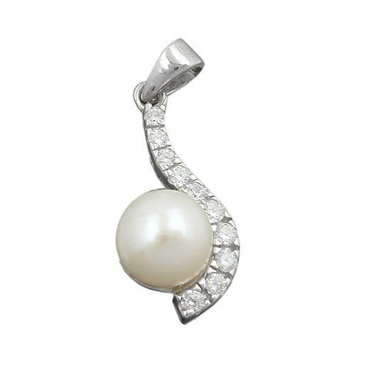 Pendant 20x9mm cultured pearl with zirconias rhodium-plated silver 925