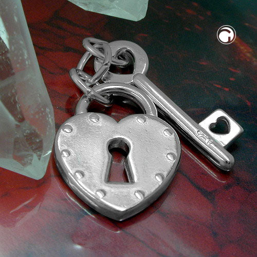 Pendant 23x15mm heart love lock with key shiny silver 925