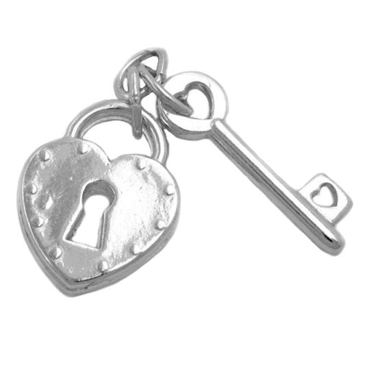 Pendant 23x15mm heart love lock with key shiny silver 925