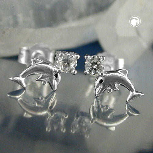 Stud earrings 9x5mm dolphin with zirconia silver 925