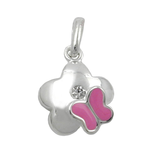 Pendant 10mm flower with butterfly and zirconia silver 925