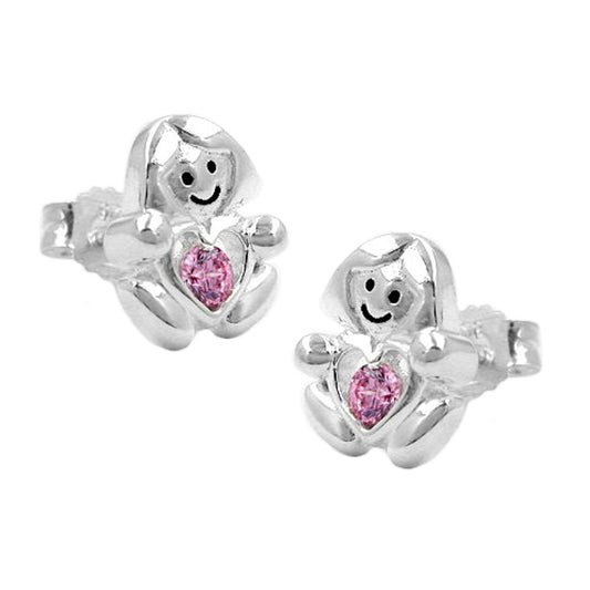 Stud earrings 9.5x8mm children's earrings girls with heart zirconia pink shiny silver 925