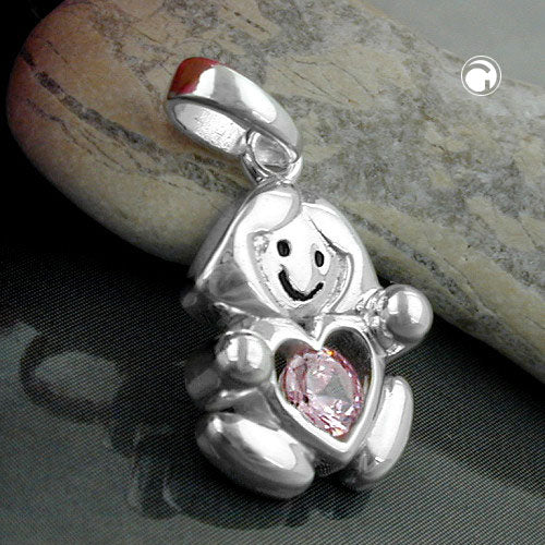 Pendant 15x10mm girl with zirconia pink silver 925