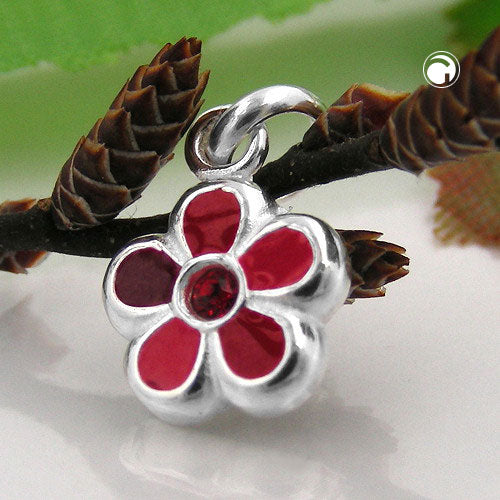 Pendant 8mm flower red lacquered silver 925