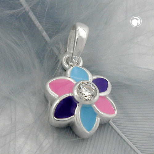 Pendant 9mm flower purple pink blue colored lacquered zirconia white silver 925