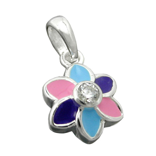 Pendant 9mm flower purple pink blue colored lacquered zirconia white silver 925