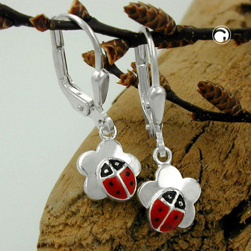 Ear clip earrings 24x8mm ladybug on flower silver 925