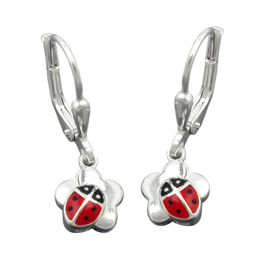 Ear clip earrings 24x8mm ladybug on flower silver 925