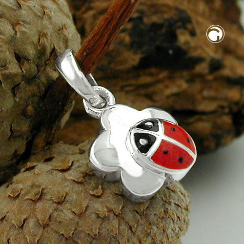 Pendant 8.5mm ladybug on flower silver 925