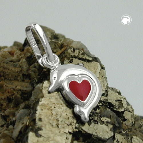 Pendant 12x9mm dolphin heart red lacquered silver 925