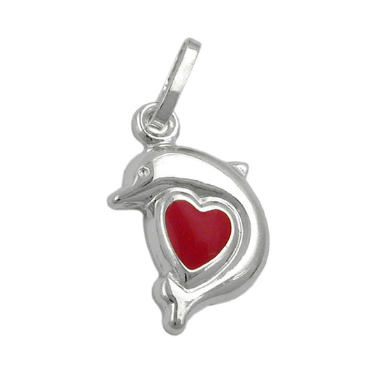Pendant 12x9mm dolphin heart red lacquered silver 925