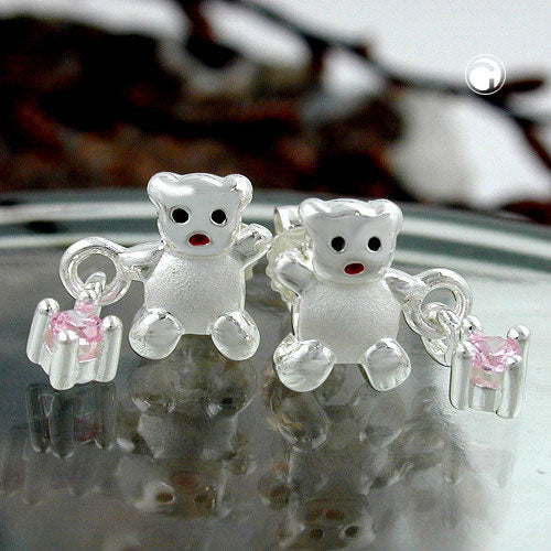 Stud earring 8x15mm children's earring bear with zirconia pink matt-shiny silver 925