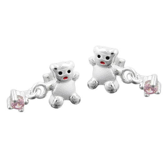 Stud earring 8x15mm children's earring bear with zirconia pink matt-shiny silver 925
