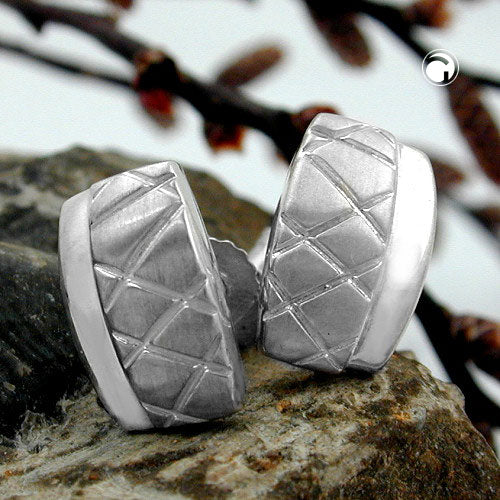 Stud earrings 10x6mm square waffle pattern matt-glossy silver 925
