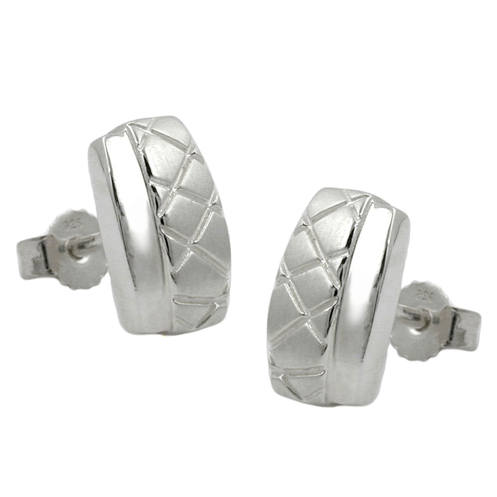 Stud earrings 10x6mm square waffle pattern matt-glossy silver 925