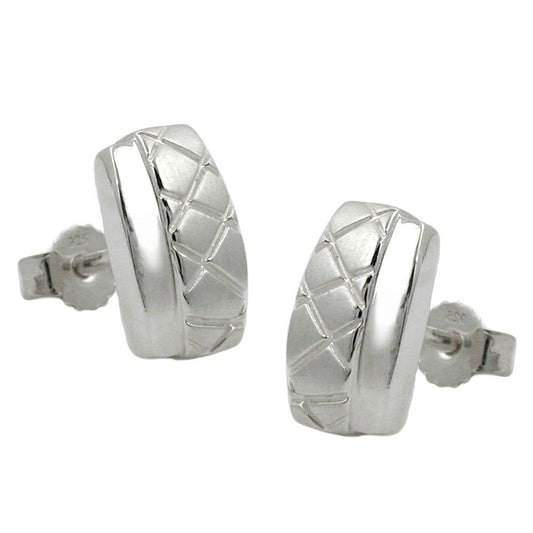 Stud earrings 10x6mm square waffle pattern matt-glossy silver 925