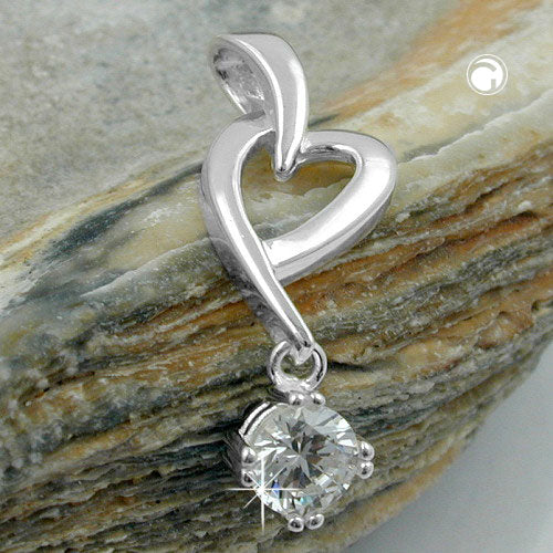 Pendant 26x9mm heart shape with zirconia shiny silver 925
