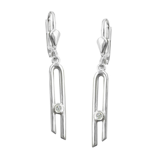 Ear leverback earrings 37x4mm with zirconia narrow shiny silver 925