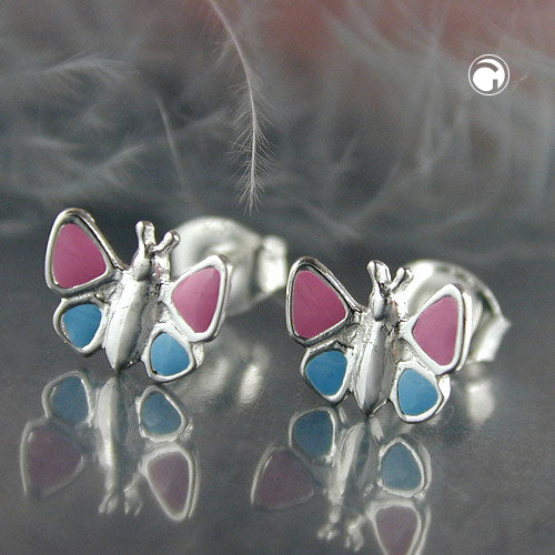 Stud earring 7x8mm children's earring butterfly light blue-pink silver 925