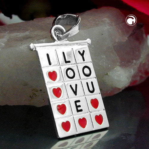 Pendant 22x13mm square I-LOVE-YOU red-black lacquered silver 925