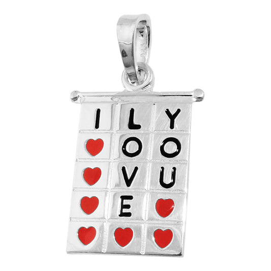 Pendant 22x13mm square I-LOVE-YOU red-black lacquered silver 925
