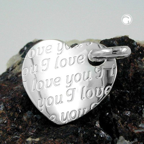 Pendant 20x22mm heart with all-over embossing - I love you - shiny silver 925
